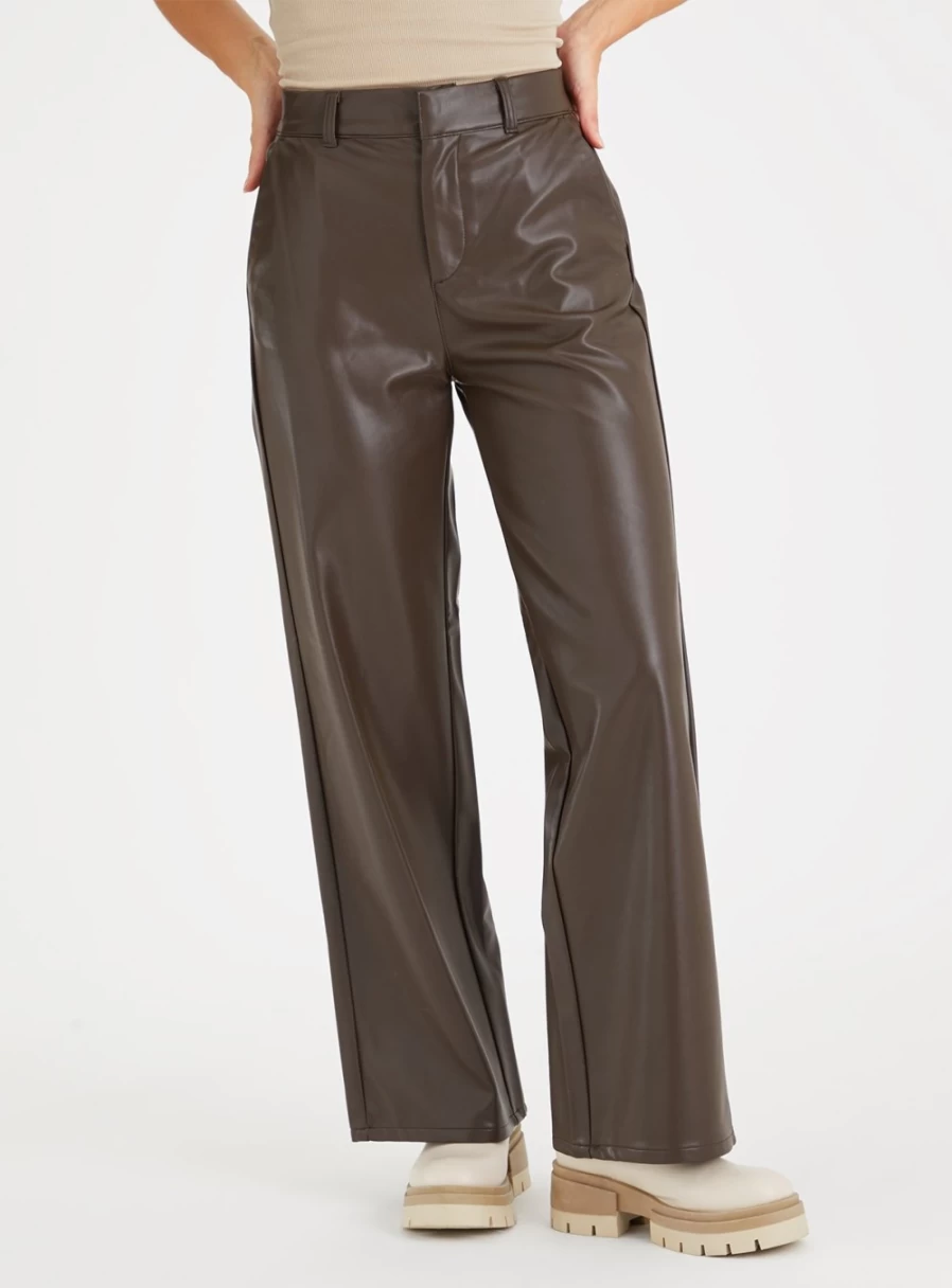 Tu Women's Brown Faux Leather Wide Leg Trousers - High Waist Stretch Comfort Fit Size 12