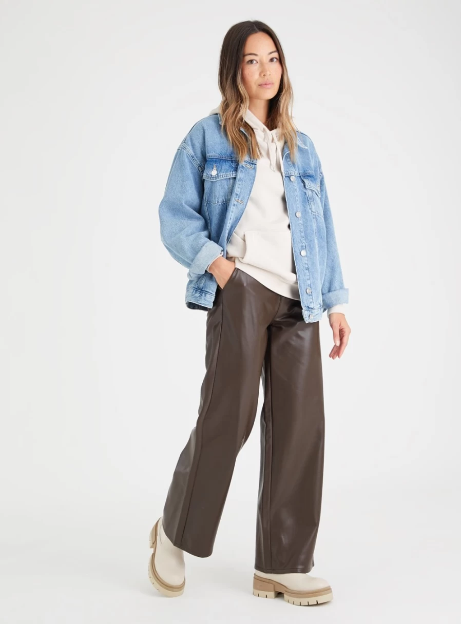 Tu Women's Brown Faux Leather Wide Leg Trousers - High Waist Stretch Comfort Fit Size 12