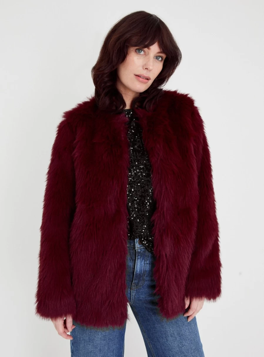 Tu Women's Berry Red Faux Fur Jacket - Cozy Winter Coat 20