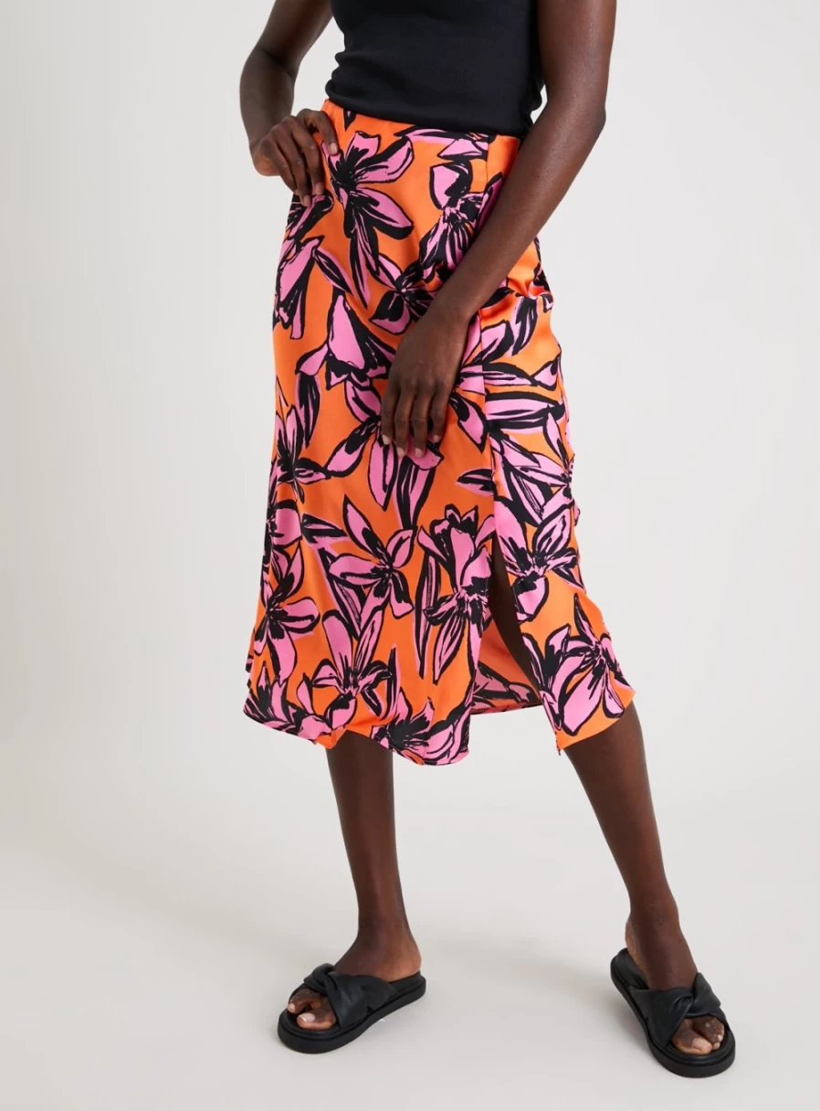 Tu Women's Orange & Pink Tropical Print Midi Skirt - Size 16, Floral Summer Beach Skirt