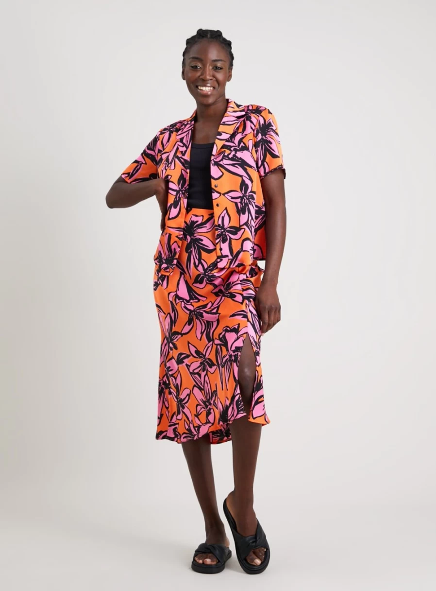 Tu Women's Orange & Pink Tropical Print Midi Skirt - Size 16, Floral Summer Beach Skirt