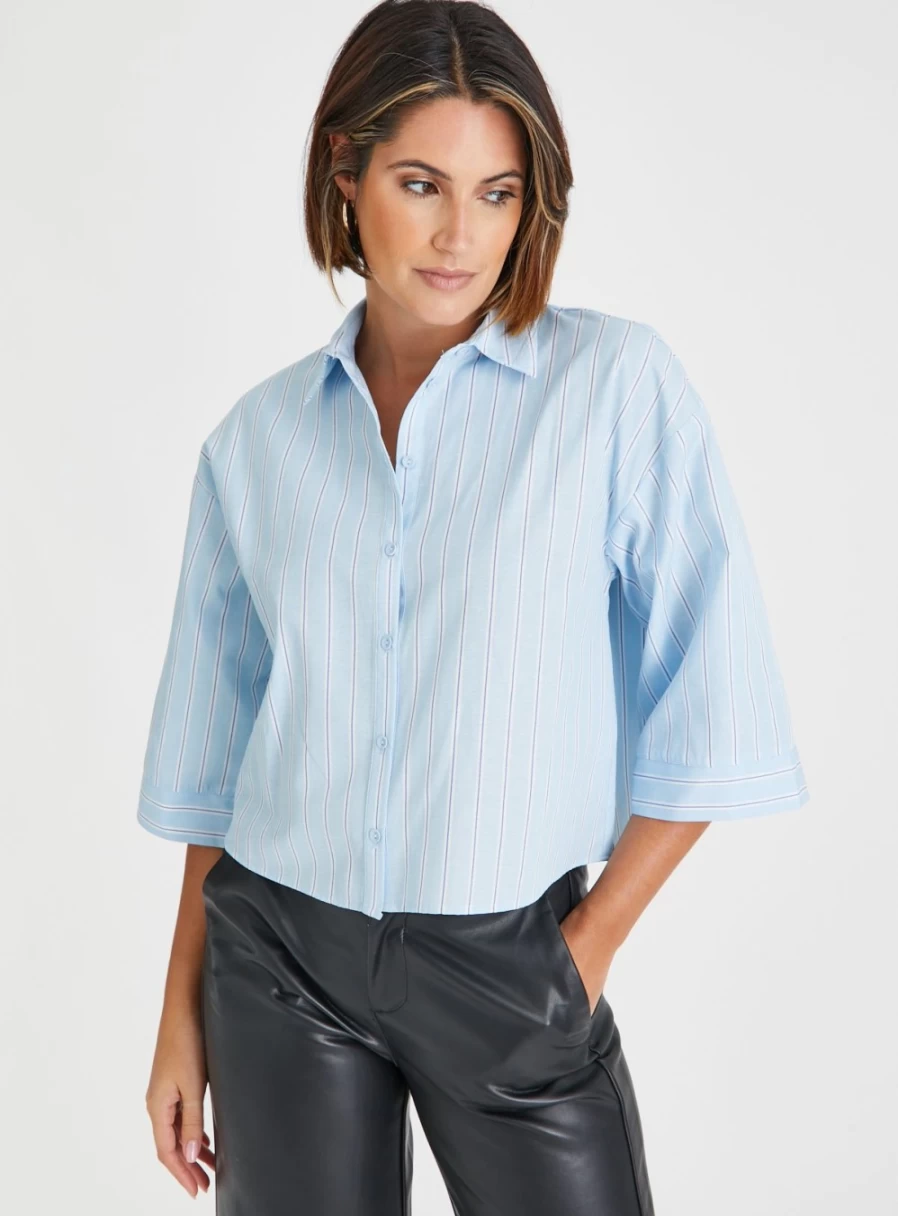 "Tu Women's Blue Stripe Boxy Shirt - Casual Comfort Fit Top"