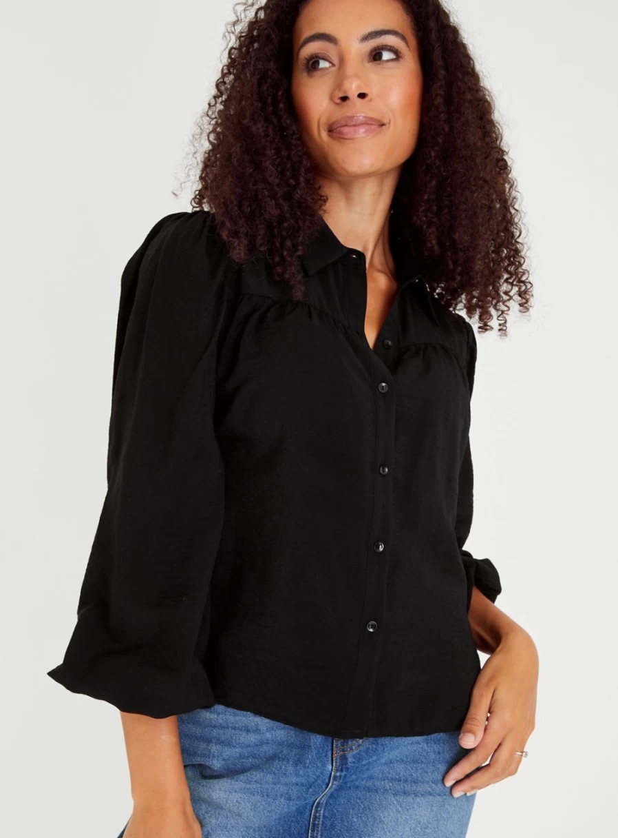 Tu Women's Black Textured Button-Down Blouse with Stylish Detail