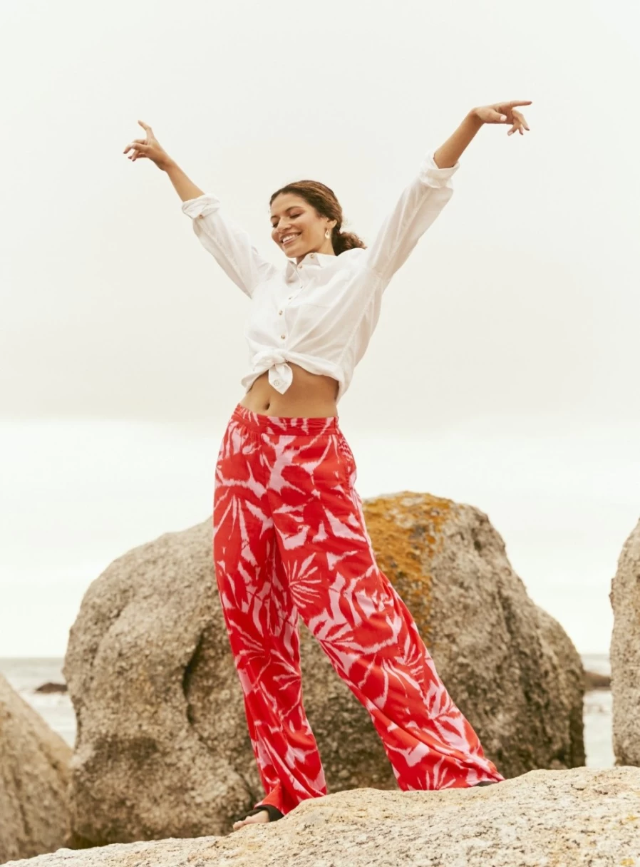 Fatface Women's Ikat Leaves Print Palazzo Trousers - Size 8, Floral Boho Wide Leg Pants