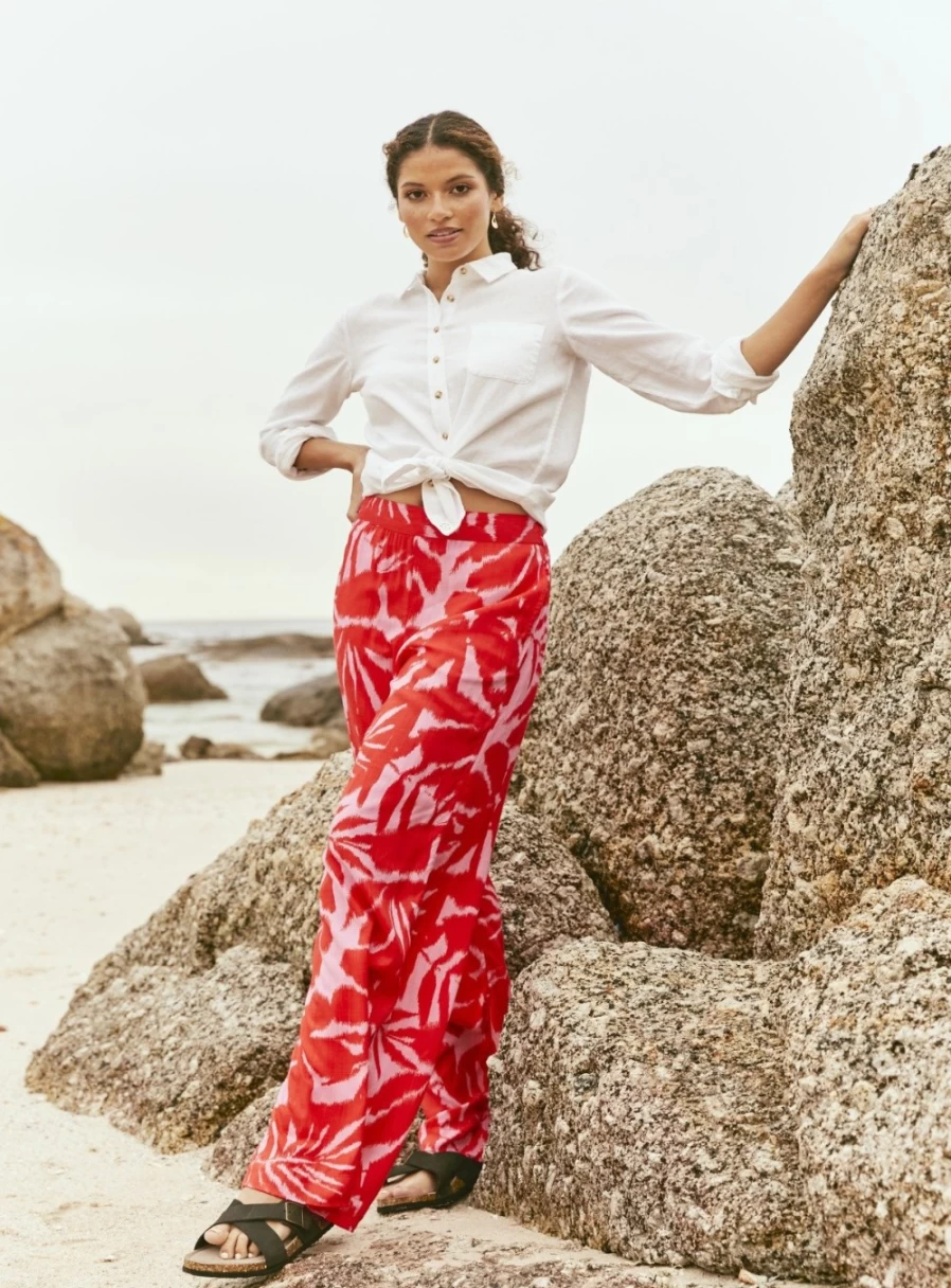 Fatface Women's Ikat Leaves Print Palazzo Trousers - Size 8, Floral Boho Wide Leg Pants