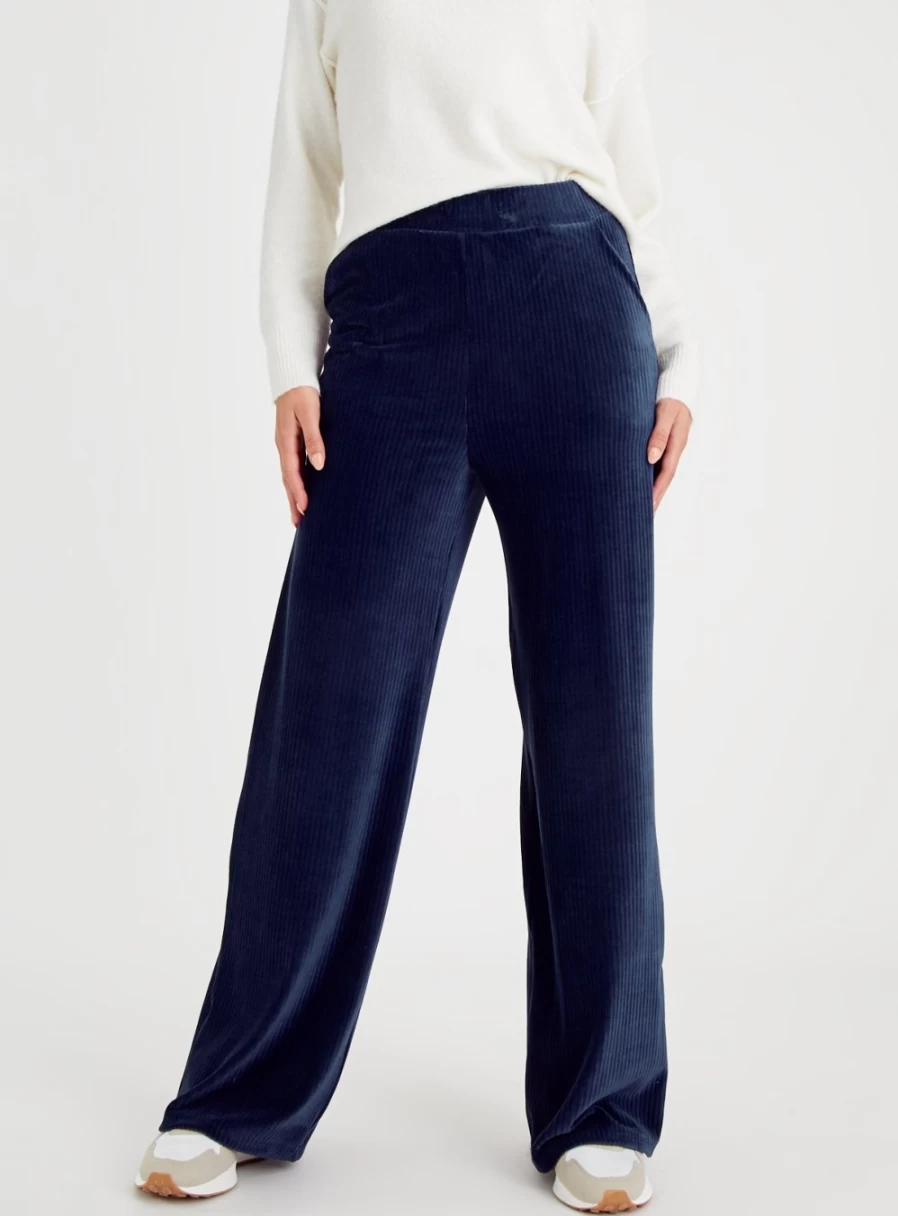 Tu Women's Blue Ribbed Velour Wide Leg Trousers - Comfortable High Waist Lounge Pants for Casual Wear