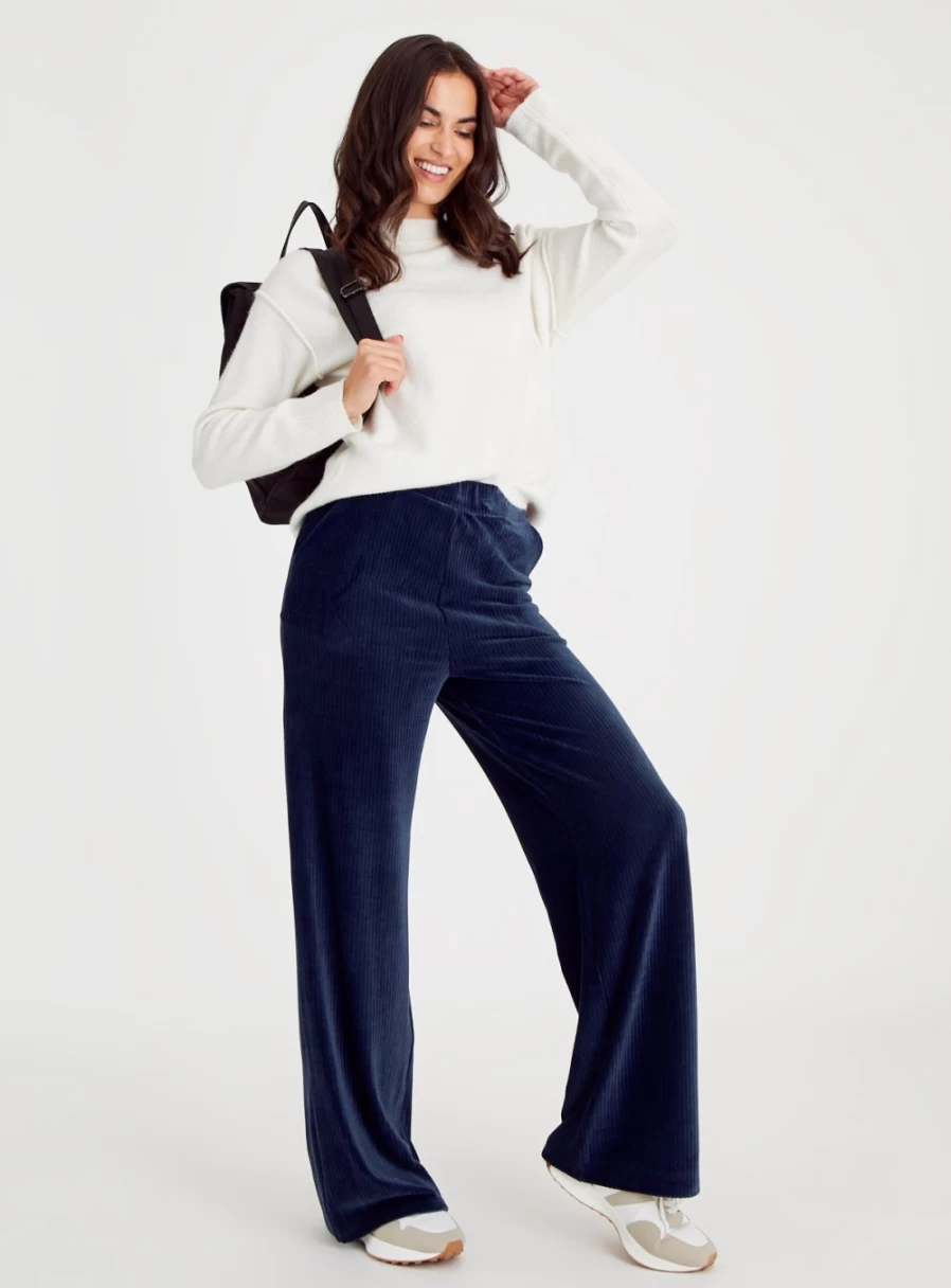 Tu Women's Blue Ribbed Velour Wide Leg Trousers - Comfortable High Waist Lounge Pants for Casual Wear