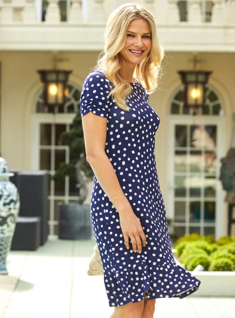 Sosandar Women's Navy Blue Polka Dot Cap Sleeve Shift Dress - Size 8 Jersey Knit Casual Wear