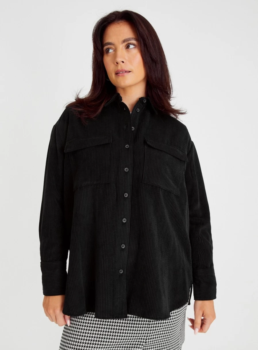 Tu Women's Black Corduroy Overshirt - Stylish Casual Jacket for Fall 2024